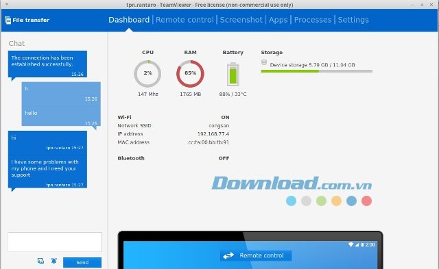 Bảng Dashboard sau khi kết nối di động với máy tính bằng TeamViewer QuickSupport
