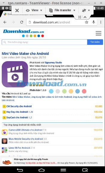 Khi sử dụng TeamViewer QuickSupport, mọi thao tác trên di động đều xuất hiện trên máy tính