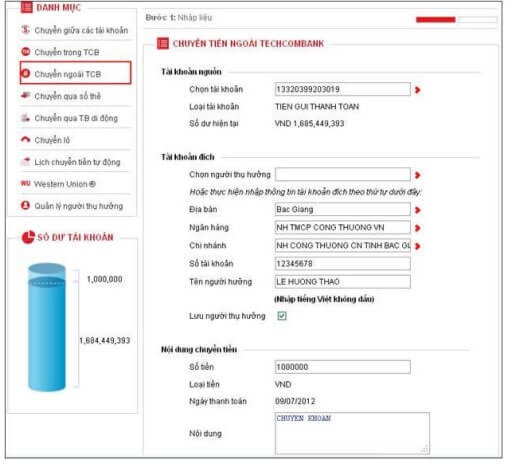 Chuyển tiền nhanh chóng trên Techcombank
