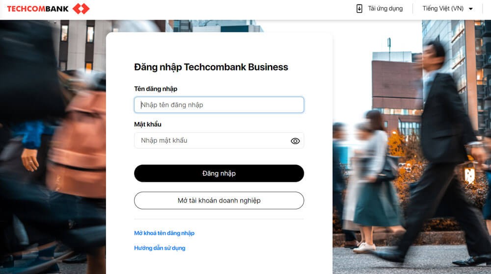 Giao diện đăng nhập tài khoản Techcombank Business