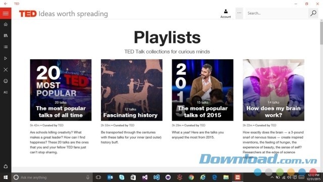 Các danh sách phát trong ứng dụng xem video TED cho máy tính và Windows Phone