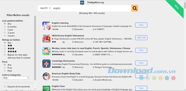 Sử dụng tính năng tìm kiếm theo giá bán, đánh giá, ngày phát hành của ứng dụng web The App Store