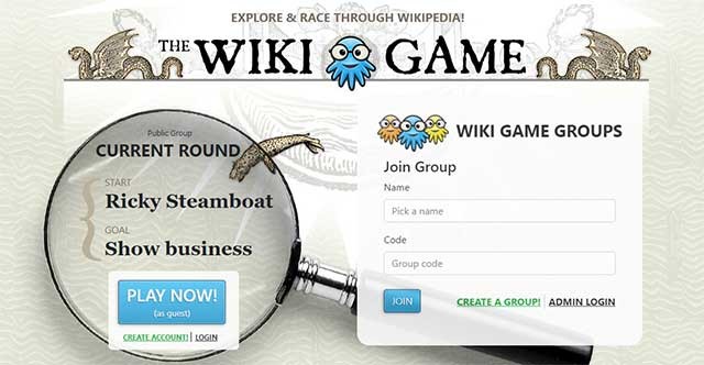 Giao diện của The Wiki Game, trong đó bạn có thể chơi ngay mà không cần tạo tài khoản