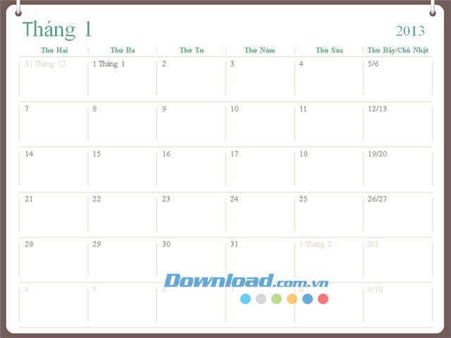 Thiết kế lịch 2013 (Thứ 2 - Chủ Nhật)