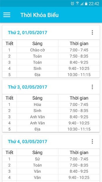 Giao diện Thời khóa biểu