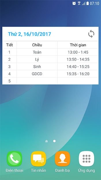 Thời khóa biểu hiển thị ngoài màn hình chính