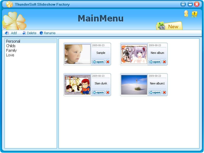 Menu chính của ThunderSoft Slideshow Factory