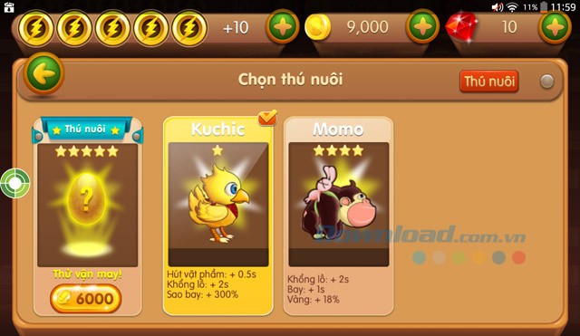 Chọn thú nuôi trong game Tia chớp