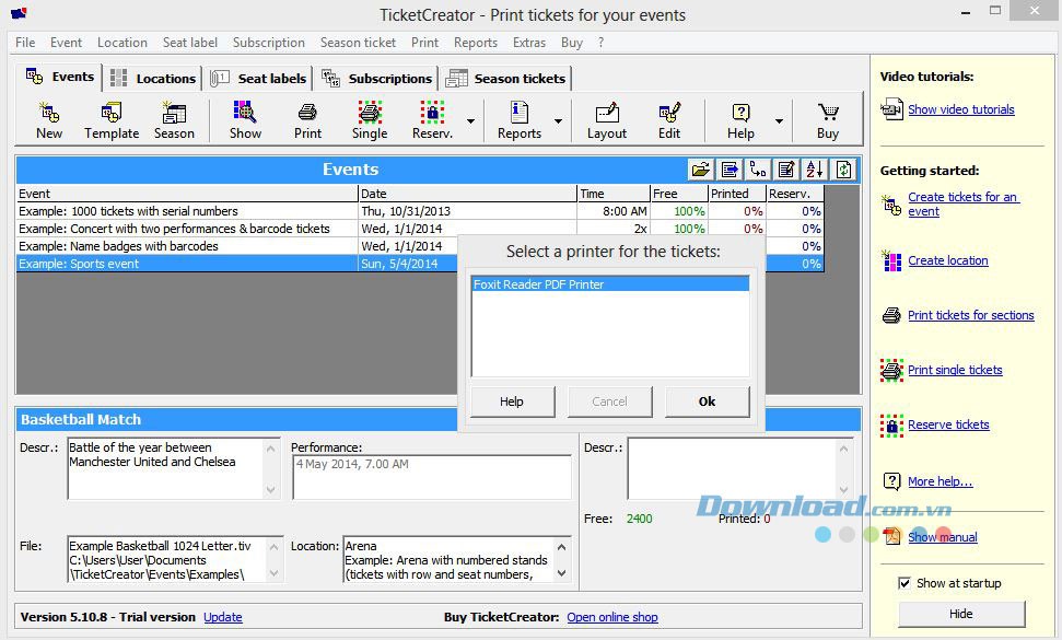 Chon máy để in vé với TicketCreator