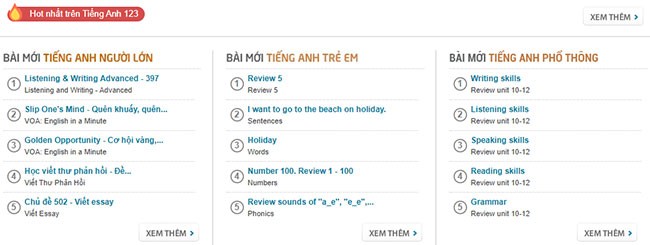 Các bài học trên Tiếng Anh 123