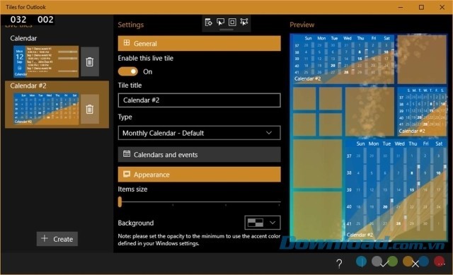 Giao diện chính của ứng dụng Tiles for Outlook cho máy tính và Windows Phone