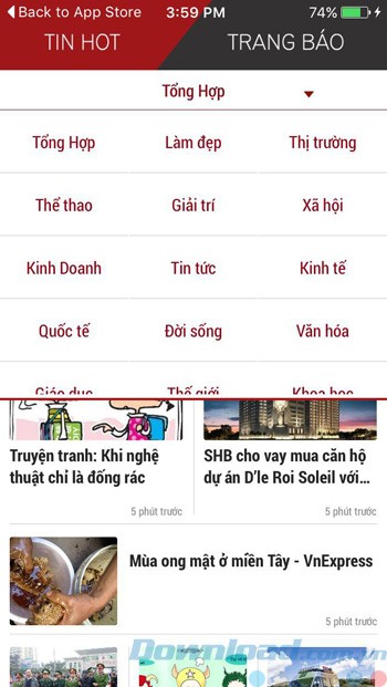 Danh mục trong ứng dụng Tin mới 24h