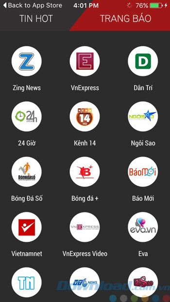 Các trang báo trong ứng dụng Tin mới 24h