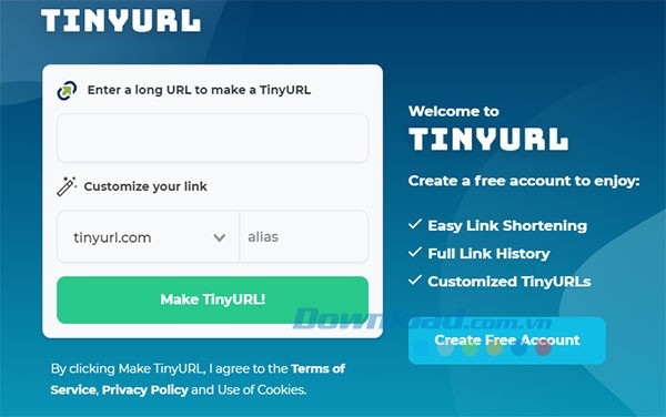 Giao diện chính của phần mềm rút gọn link Tiny URL