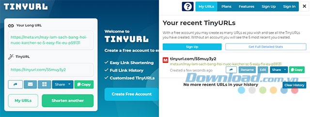 Quản lý lịch sử rút gọn link