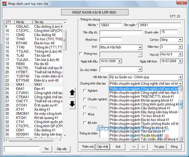 Nhập danh sách lớp học niên chế