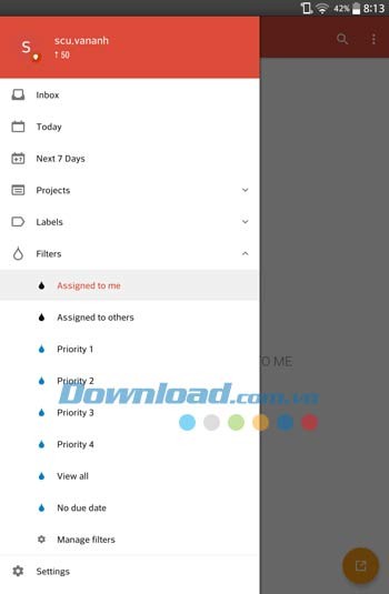Các nút tùy chọn chính trên Todoist cho Android