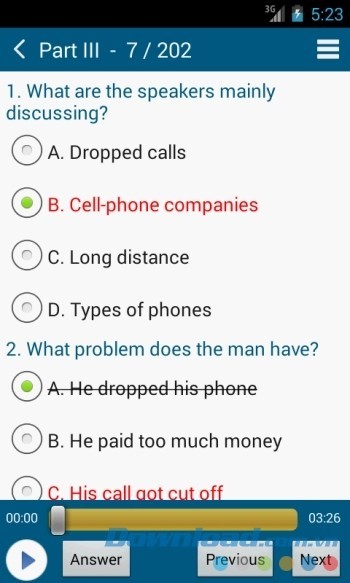 Nghe cuộc hội thoại từ file MP3 và chọn câu trả lời đúng