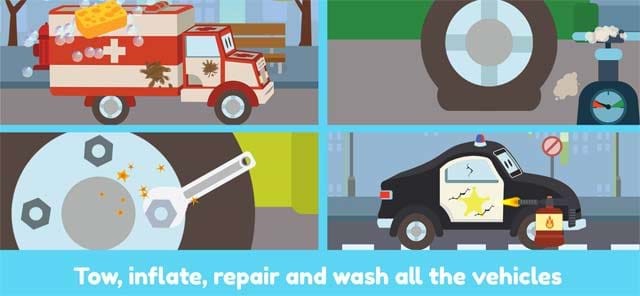Kéo, bơm lốp, sửa chữa và rửa xe trong Tom the Tow Truck of Car City