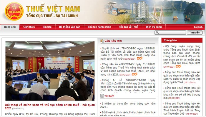 Giao diện chính của website Tổng Cục Thuế Việt Nam