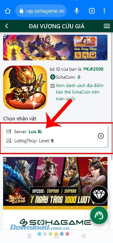 Chọn nhân vật và máy chủ