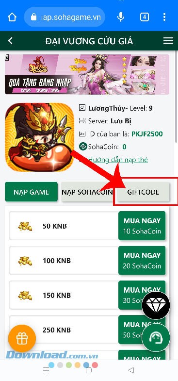 Nhấn vào mục Giftcode