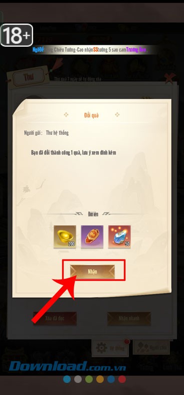 Chạm vào nút Nhận