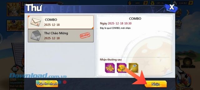 Nhấn vào nút Nhận, tại mục thư mã code game