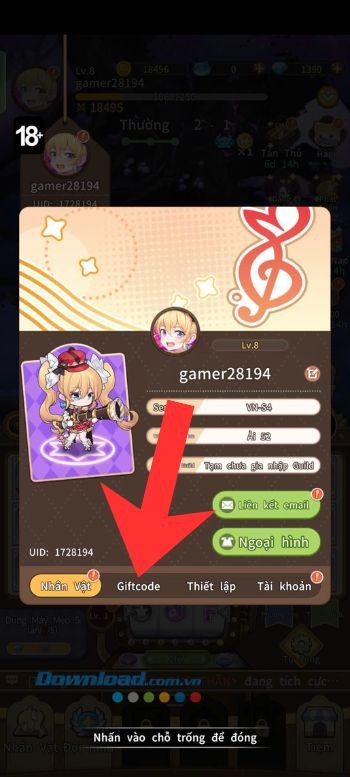 Chạm vào mục Giftcode