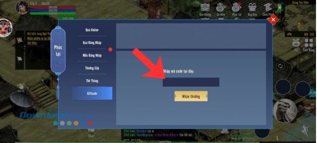Nhập chính xác mã giftcode > Ấn vào nút Nhận thưởng