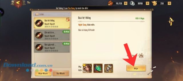 Ấn vào nút Nhận ở mục Quà hệ thống