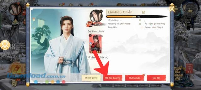 Ấn vào nút Mã đổi thưởng