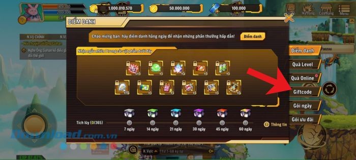 Nhấn vào mục Giftcode.