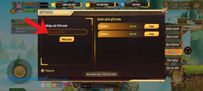 Nhập chính xác các mã code > ấn vào nút Nhập ngay.