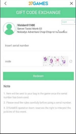 Nhập code hợp lệ và nhấn Redeem