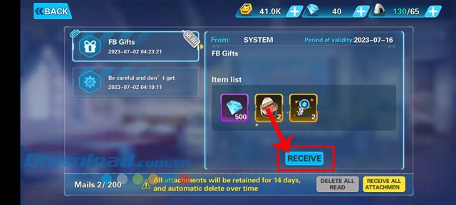 Ấn vào nút Receive, ở hộp thư FB Gifts