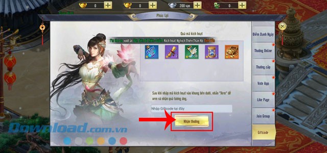 Chạm vào nút Nhận thưởng