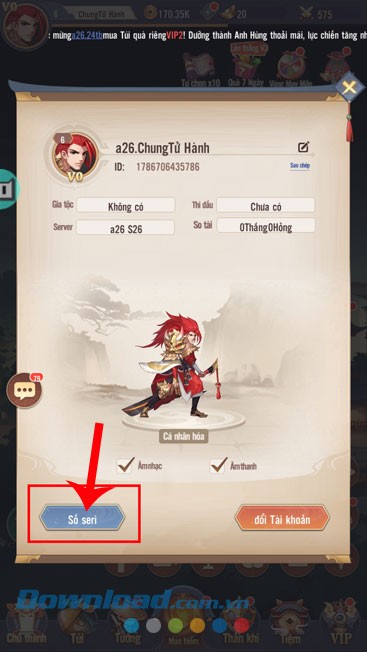 Ấn vào mục Số seri