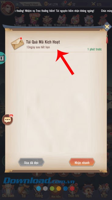 Nhấn vào mục Túi quà mã kích hoạt