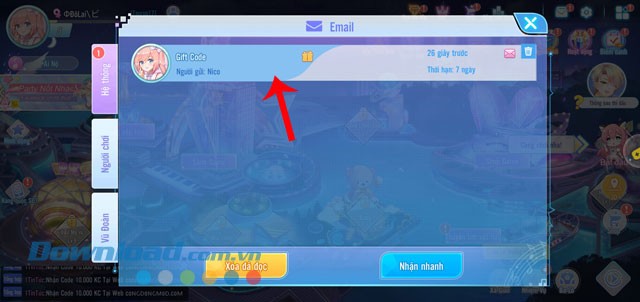 Chạm vào hòm thư Giftcode