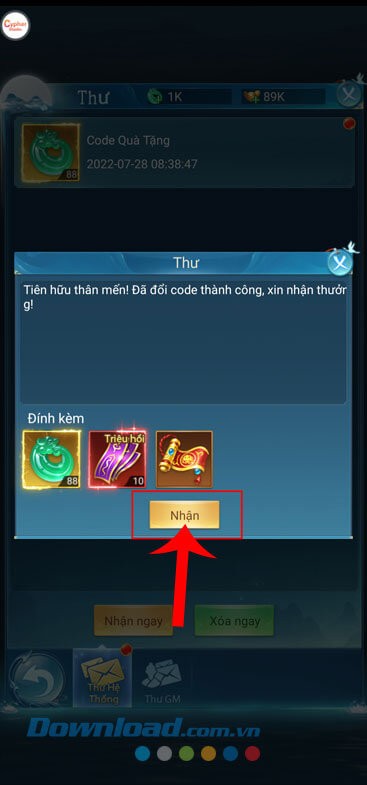 Chạm vào nút Nhận