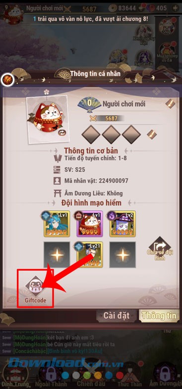 Chạm vào nút Giftcode