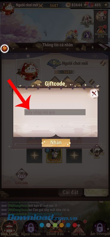 Nhập mã code, rồi nhấn vào nút Nhận
