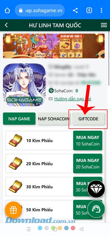 Nhấn vào mục Giftcode