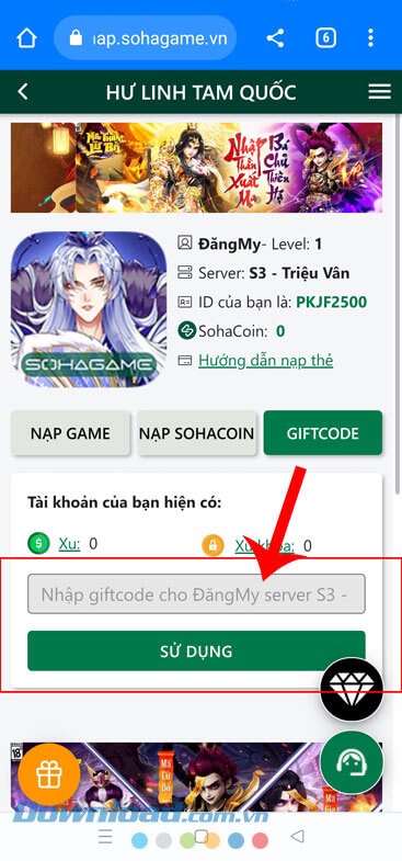 Nhập một trong những mã giftcode ở trên