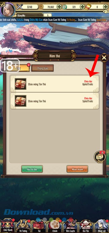 Nhấn vào bức thư “Chào mừng Tân thủ”