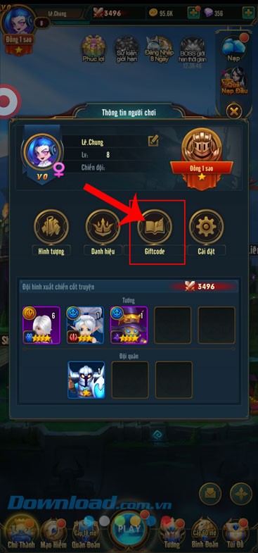 Chạm vào mục Giftcode