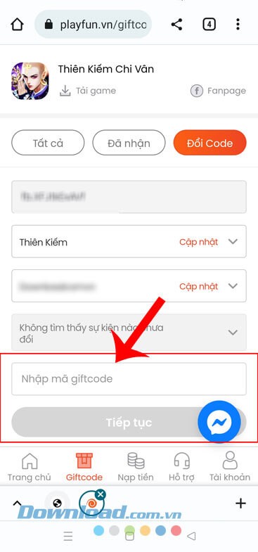 Nhập một trong những mã giftcode ở trên