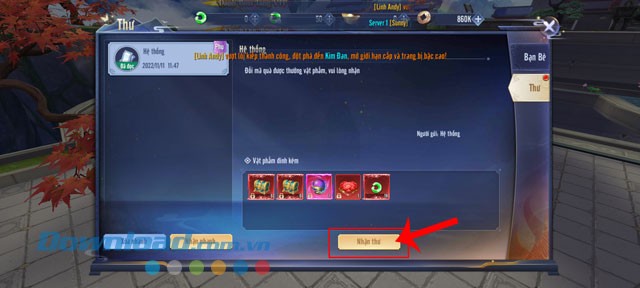 Chạm vào nút Nhận thư