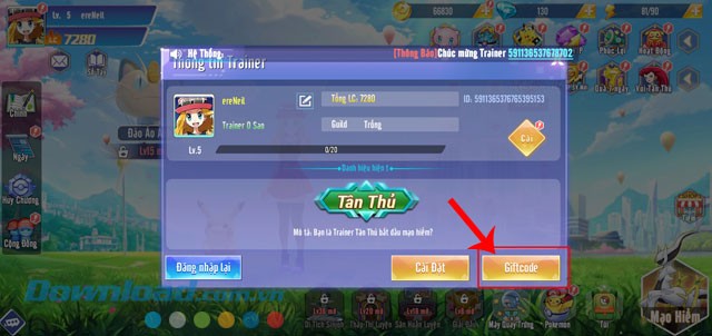 Chạm vào nút Giftcode